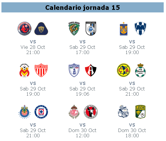 Calendario jornada 15 del futbol mexicano apertura 2016 clasico regio